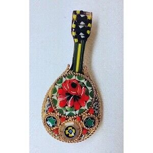 Mandolin Micro Mosaic Pin Brooch Red Green Yellow *Missing Piece In Handle* 10K